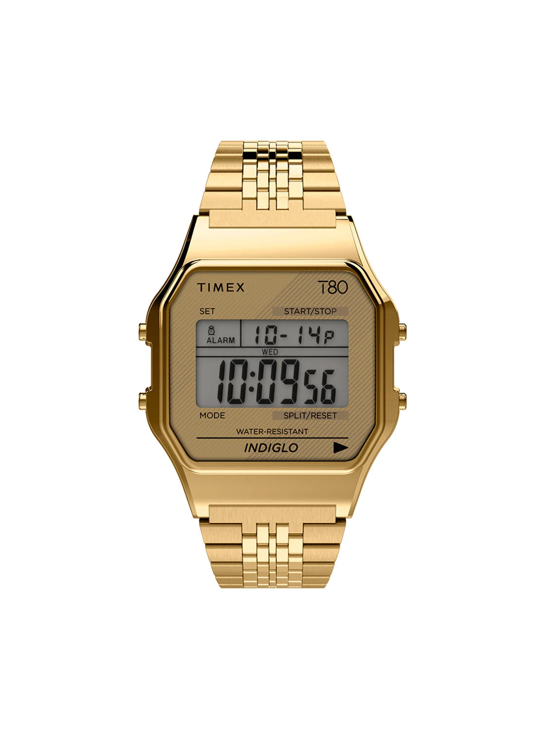 The Timex T80 34mm Stainless Steel Bracelet Watch features a classic retro digital design in gold, displaying time (10:09:56), date, and day. It includes start/stop, split/reset functions, and an Indiglo backlight.