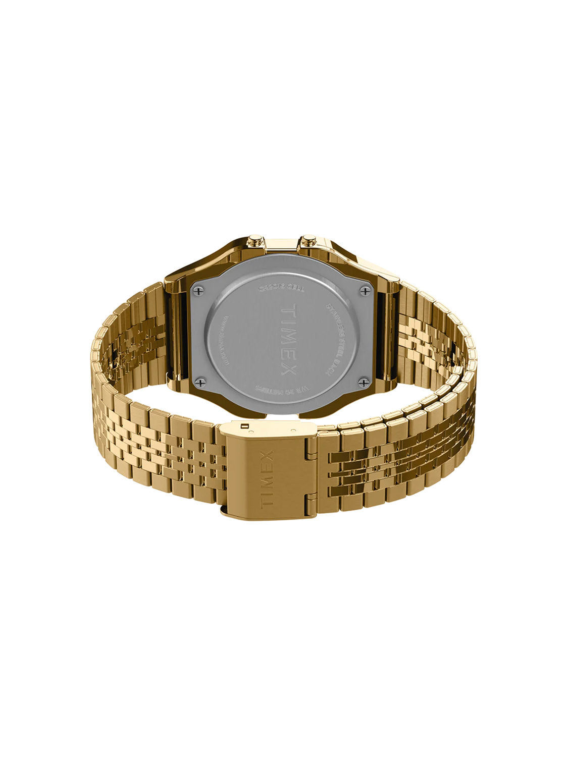 The Timex T80 34mm Stainless Steel Bracelet Watch features a gold-toned, retro rectangular digital face. It has a linked bracelet and an engraved silver case back and clasp, showcasing the brands name for a sleek metallic look.