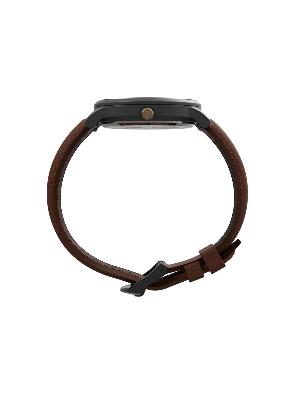 Side view of the Timex Waterbury Classic Day/Date 40mm Leather Strap Watch, featuring a round black case, brown leather strap, slim profile, and buckle clasp.