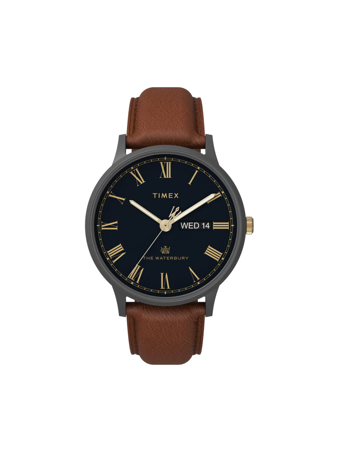 The Timex Waterbury Classic Day/Date 40mm Leather Strap Watch by Timex boasts a brown leather strap, black dial, gold Roman numerals and hands, plus a handy day-date display on the right.