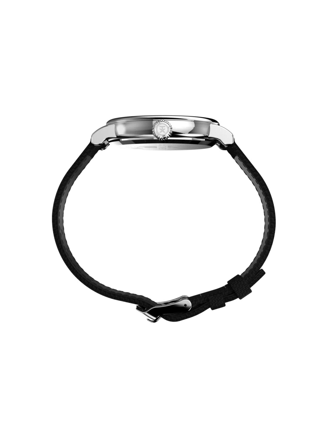 Side view of the Timex Standard 40mm wristwatch, showcasing a military-inspired design with a round silver ultra-slim case and black textured strap. The crown displays a small emblem, while the clasp is partially visible at the bottom, keeping the watch face hidden.