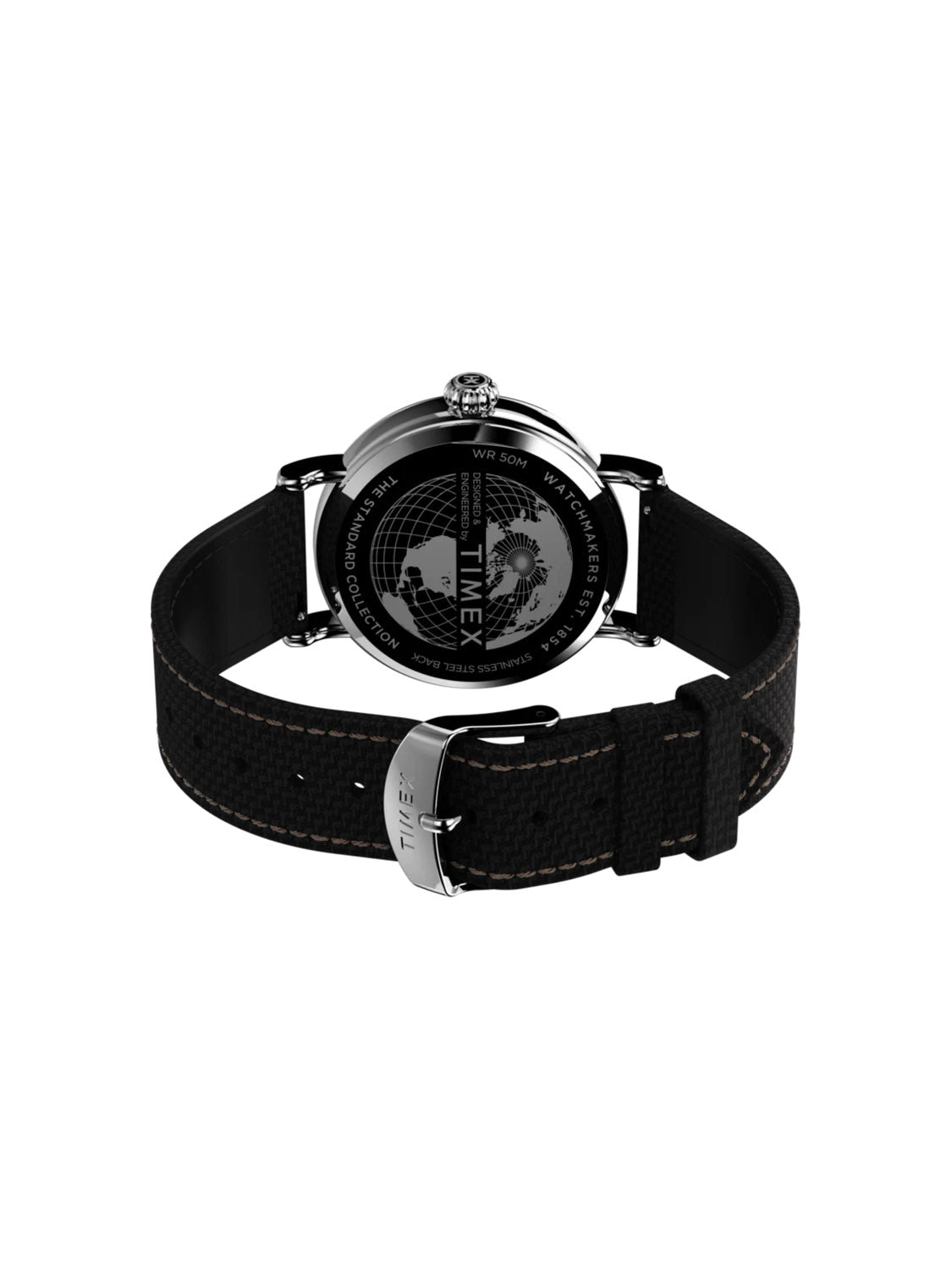 The back of the Timex Standard 40mm Fabric Strap Watch displays a black leather strap with white stitching, stainless steel buckle, and an engraved world map, reflecting its military-inspired design. Specifications are visible too, but the watch face is not shown.