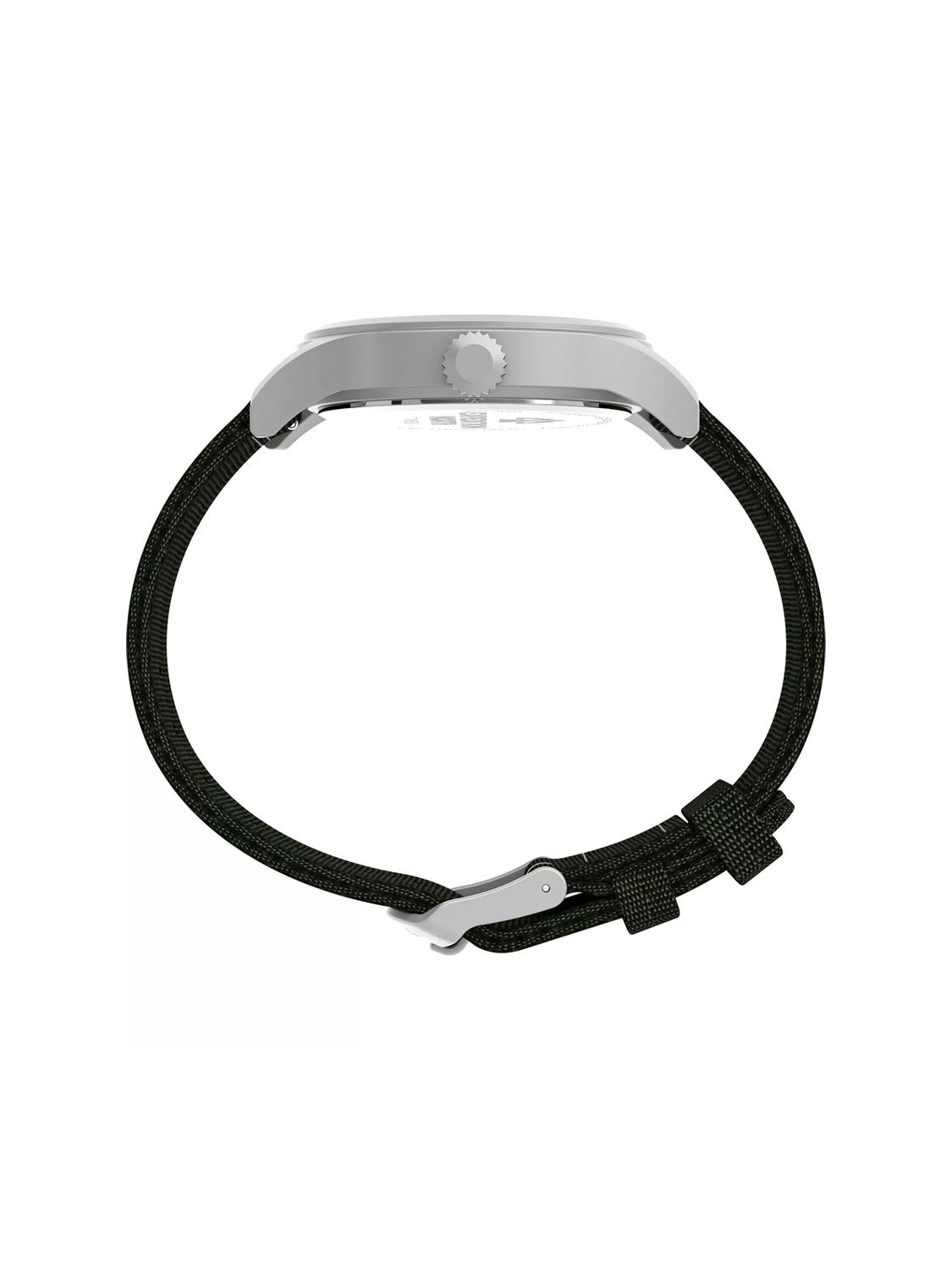 Side view of the Timex Expedition Sierra 40mm Recycled Materials Fabric Strap Watch, showcasing a round silver case with a dark woven strap, clasp, and loop. It features a side crown and INDIGLO backlight for enhanced visibility in any light.