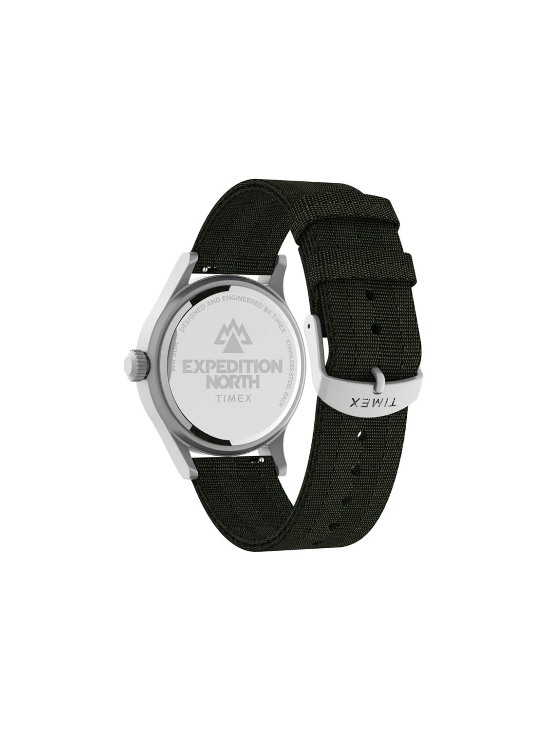 The image displays the Timex Expedition Sierra 40mm Watch, featuring a green recycled fabric strap with a silver buckle. The water-resistant design includes an engraved logo and text, while the plain straps woven pattern enhances its rugged appeal.