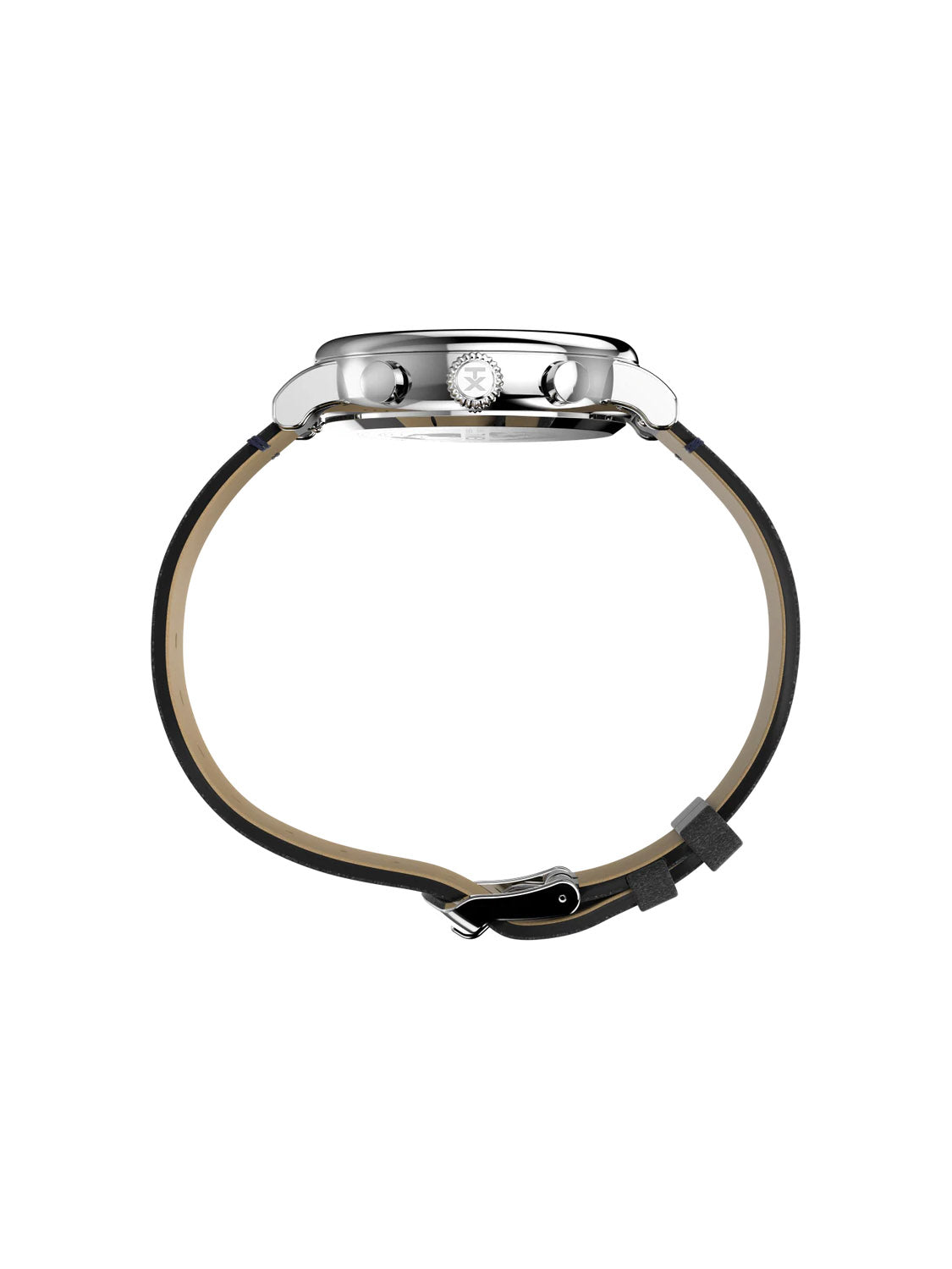 Side view of the Timex Standard Chronograph 41mm features a round silver case and black eco-friendly leather strap. The INDIGLO light-up dial ensures night readability, with a crown and two side buttons. Its quick-release strap secures with an open buckle clasp and loops.