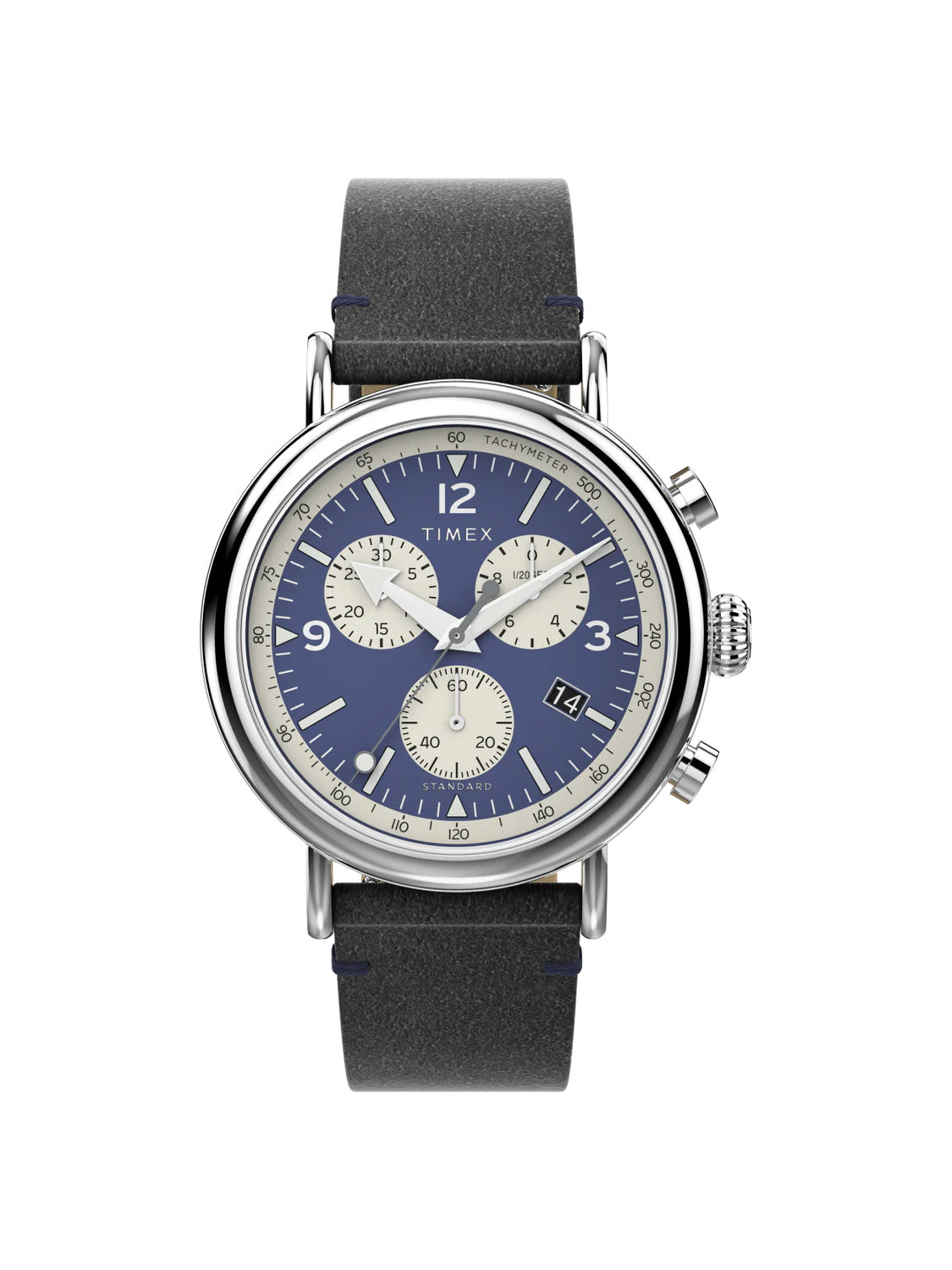 The Timex Standard Chronograph 41mm features an eco-friendly black leather strap, blue face, three subdials, silver hour markers, luminous hands, and INDIGLO light-up dial. It includes a silver case with two pushers and a crown on the right side.
