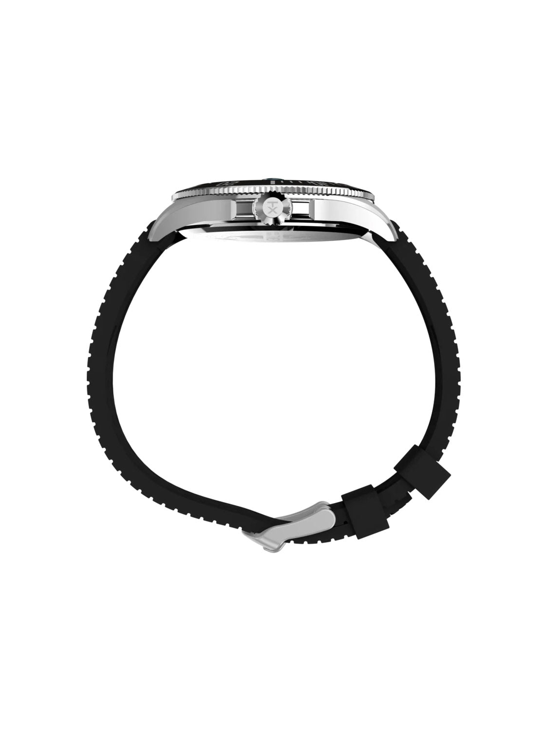 Side view of the Timex Harborside Coast 43mm watch, featuring a black synthetic rubber strap, silver round case, knurled bezel, and aventurine-colored dial, displayed on a white background.