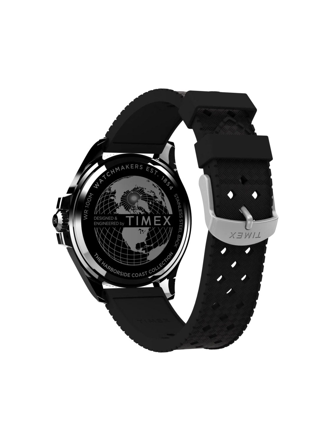The Harborside Coast 43mm by Timex is shown from the back, featuring an engraved world map and branding on its silver case. A textured black synthetic rubber strap and a silver Timex logo buckle add to this watch’s rugged, nautical style.