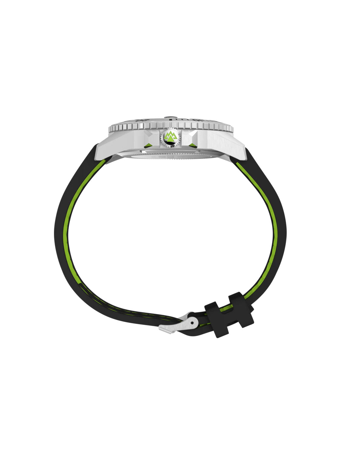 Side view of the Timex Expedition Anchorage 42mm, showcasing a black and green silicone strap. The stainless-steel case features a visible crown with a green accent, protected by sapphire crystal, and a notched bezel for added style. The strap includes a buckle clasp for secure wear.