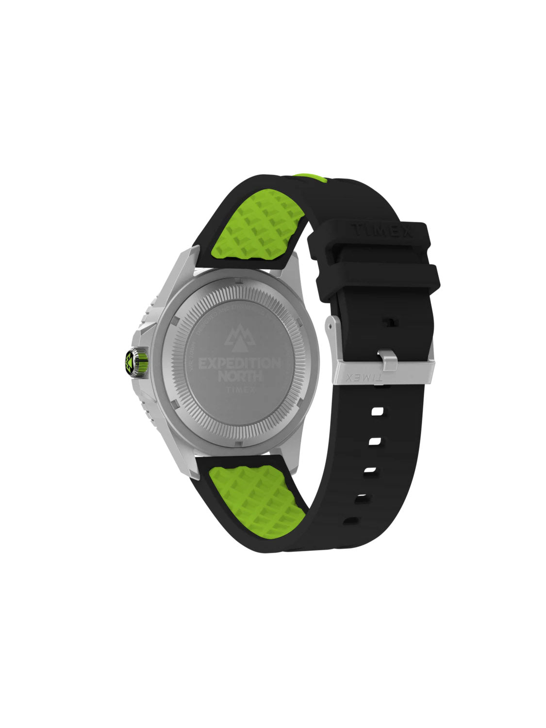The image showcases the back of the Timex Expedition Anchorage 42mm, featuring a black and neon green textured rubber strap, a silver stainless-steel case with Expedition North engraved, and a silver buckle.