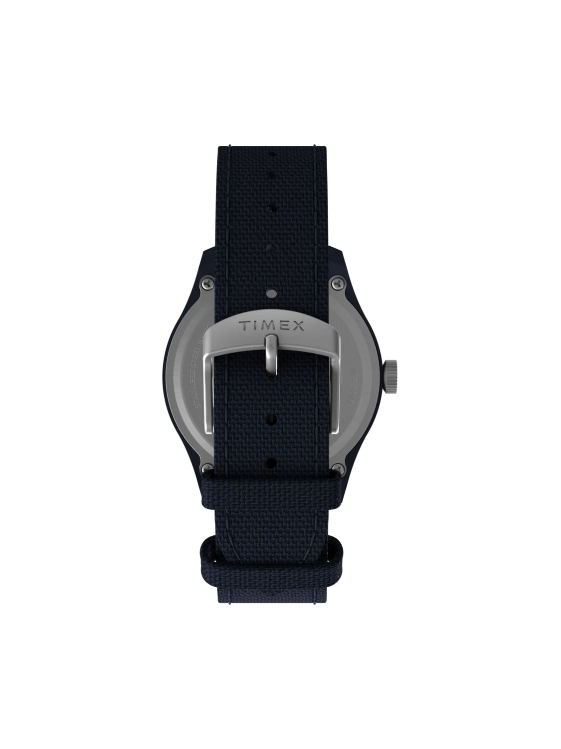 Back view of the Timex Expedition Traprock Solar 40mm watch with an eco-friendly recycled plastic strap and silver buckle displaying the Timex brand, set against a white background.