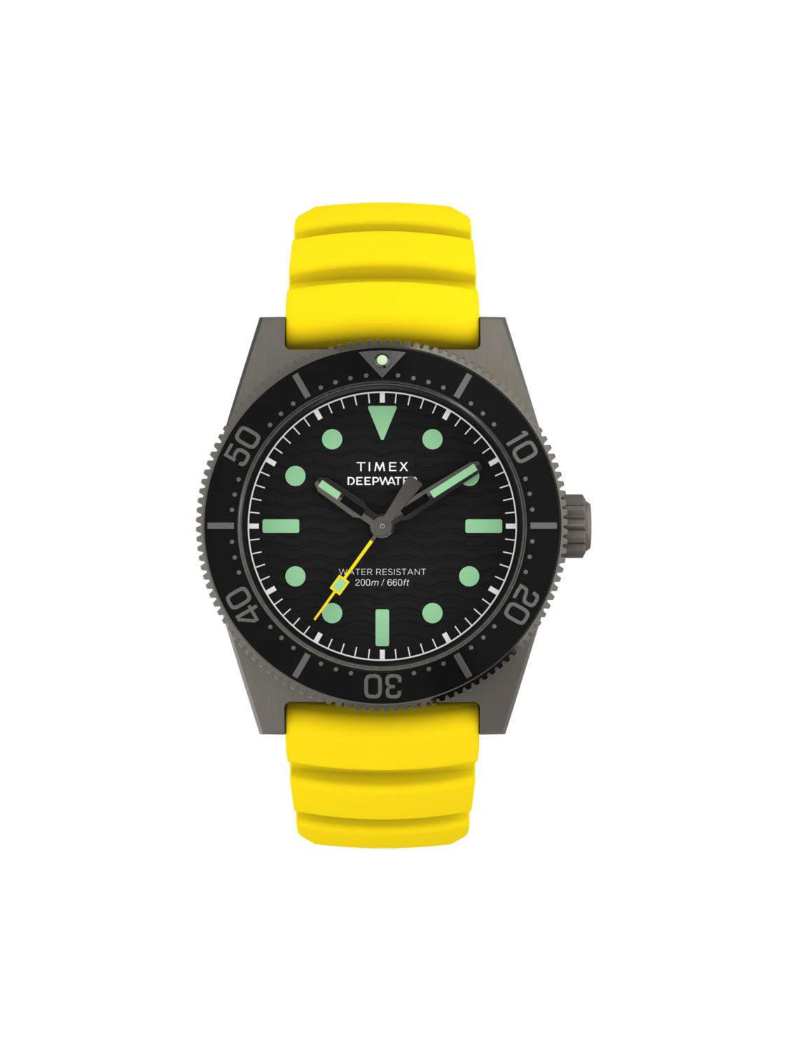 The Timex Deepwater Reef 200, a 41mm watch with a black dial and Super-Luminova® green markers, features a yellow synthetic rubber strap. Ideal for diving, it includes a rotating bezel and offers 200m water resistance.