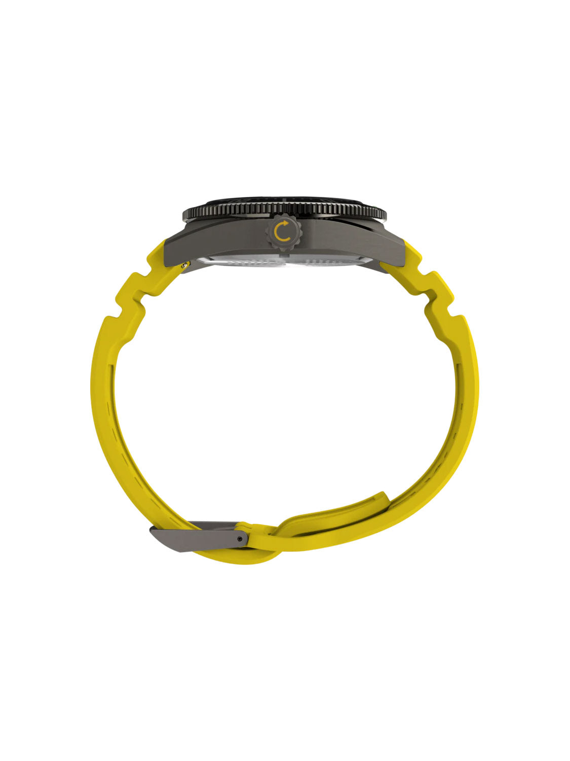 Side view of the Timex Deepwater Reef 200 showcases a round black case and bright yellow synthetic rubber strap, perfect for underwater activities. It features a curved design with a silver buckle. The Super-Luminova® coating ensures clear visibility in all conditions.