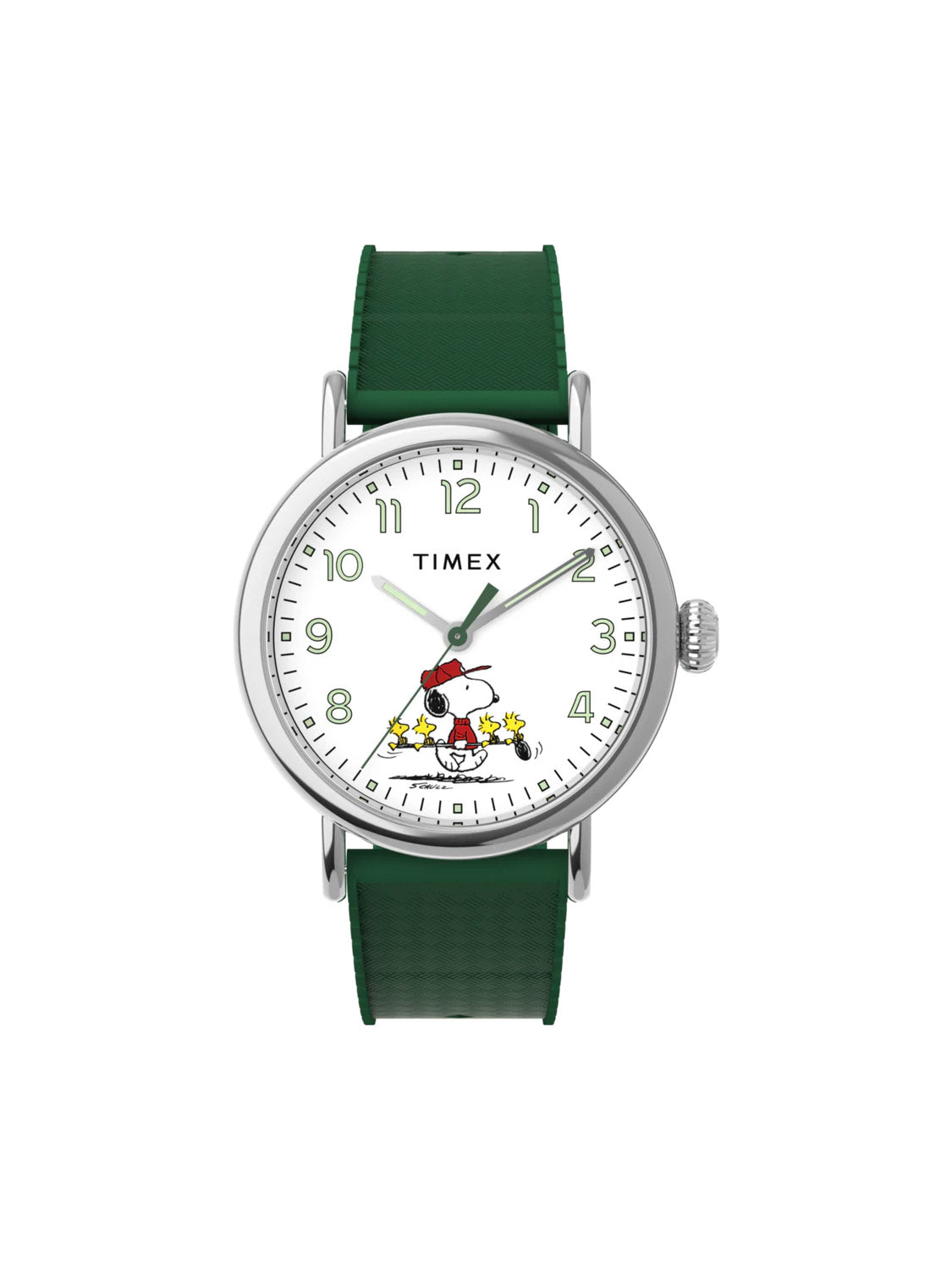 The Timex x Peanuts® Standard 40mm features Snoopy in sunglasses and a red hat on a white dial with yellow flowers. A green synthetic rubber strap, black numerals, and silver hands finish this playful Timex watch.