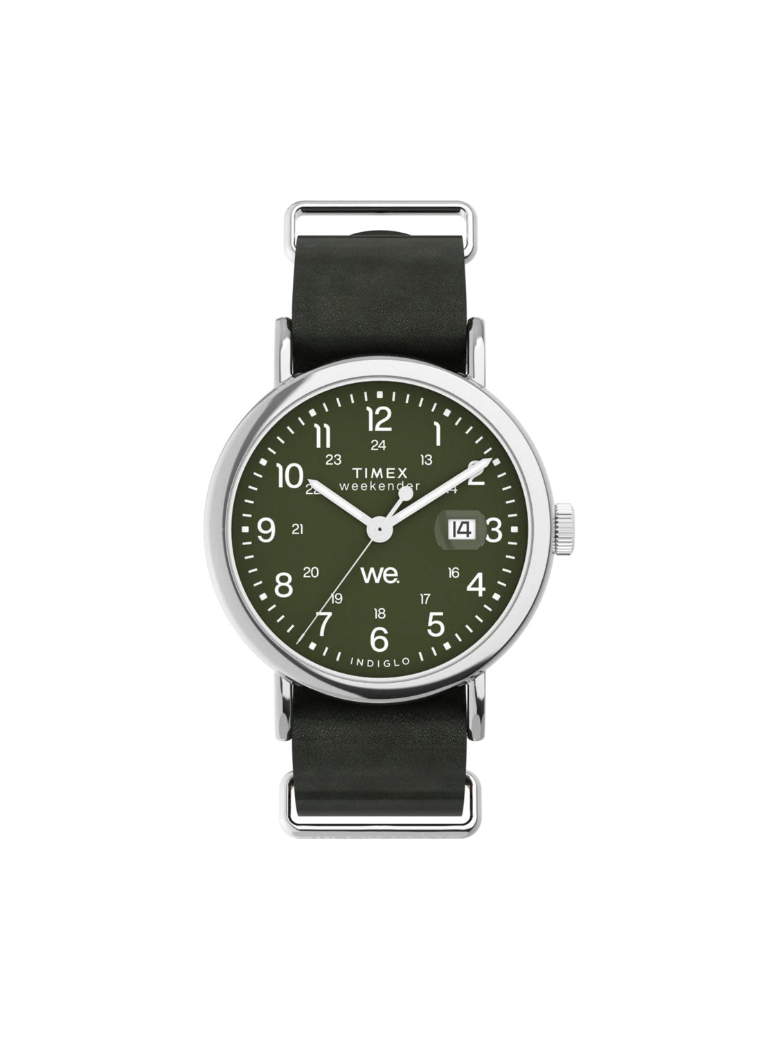 The Timex Weekender 40mm Leather Strap Watch by Timex has a green face with a date window, INDIGLO® backlight, and 24-hour clock on the silver cases outer ring. It boasts an eco-friendly leather strap with a buckle and displays the day as Wednesday.