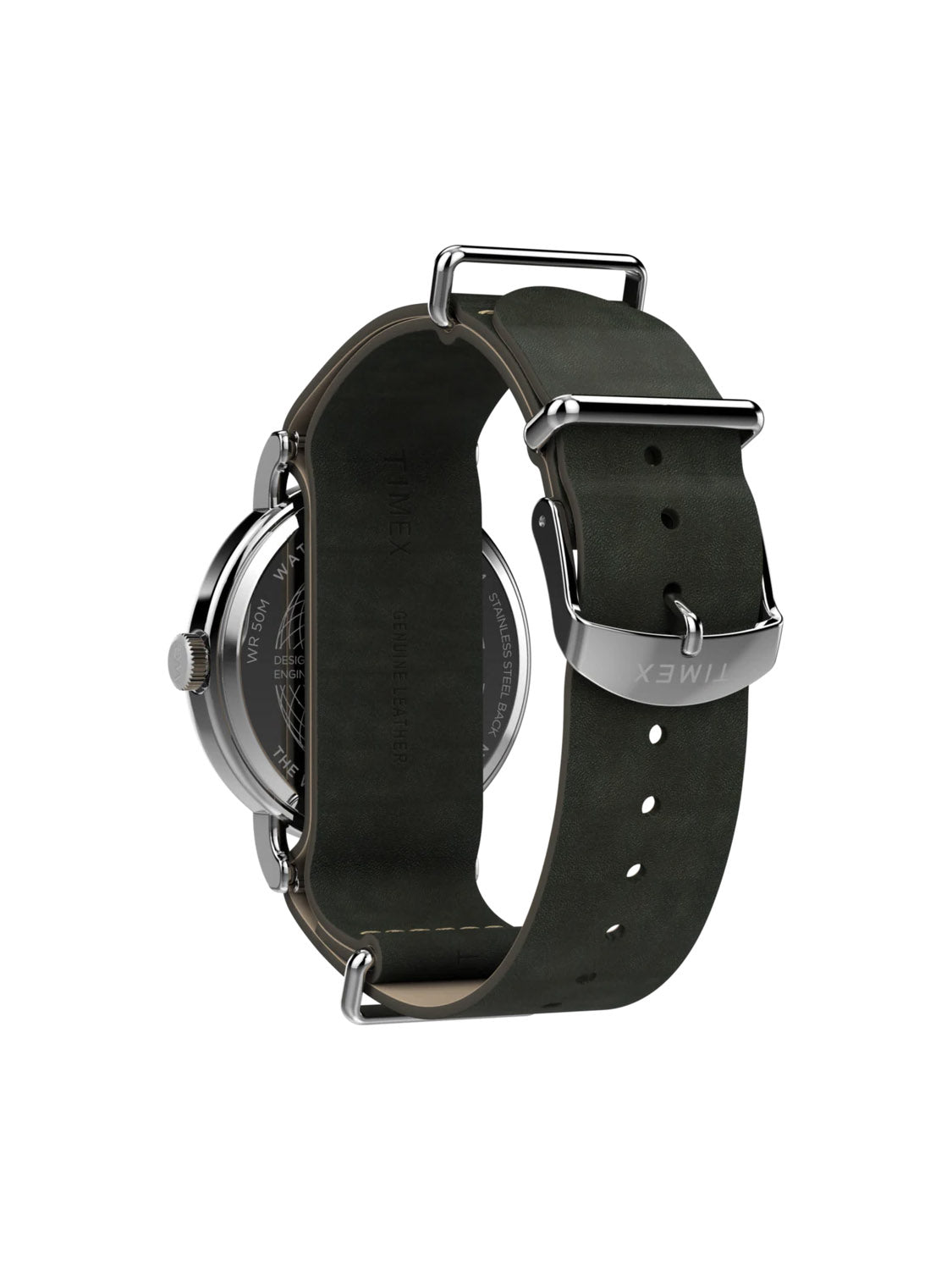 The Timex Weekender 40mm watch features a green leather strap made from eco-friendly leather, silver metal hardware, a round face, and an engraved metallic back, embodying the perfect Weekender style.