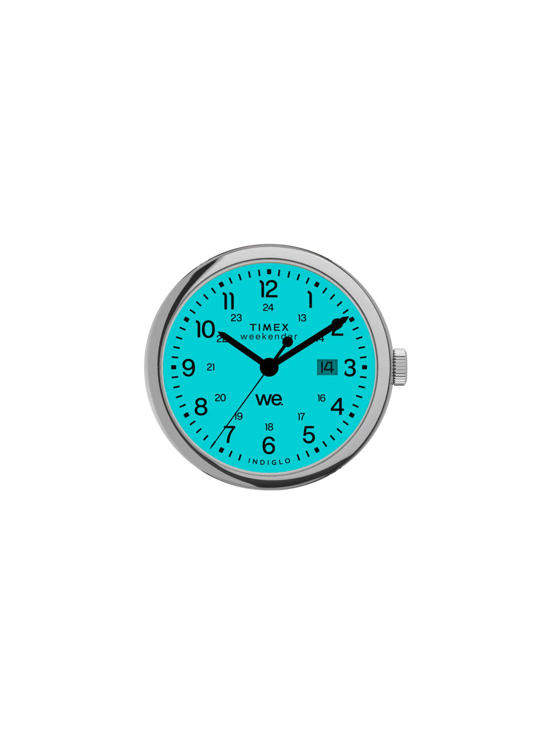 The Timex Weekender 40mm Leather Strap Watch has a teal face with black numerals and a sleek silver casing. Its eco-friendly leather strap complements the design, while black hands display both 12-hour and 24-hour formats. The INDIGLO® backlight ensures readability in low light.