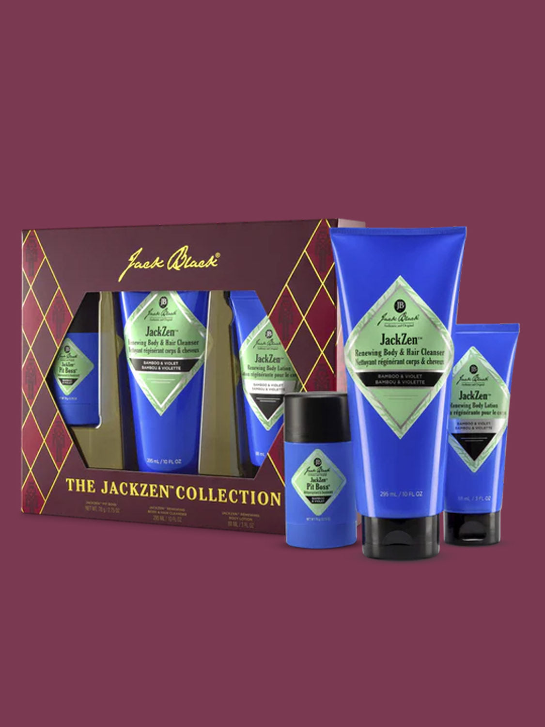 The JackZen™ Collection by Jack Black showcases three blue bottles and one blue stick—body lotion and antiperspirant—in maroon and gold packaging, displayed in and outside the box against a maroon background.