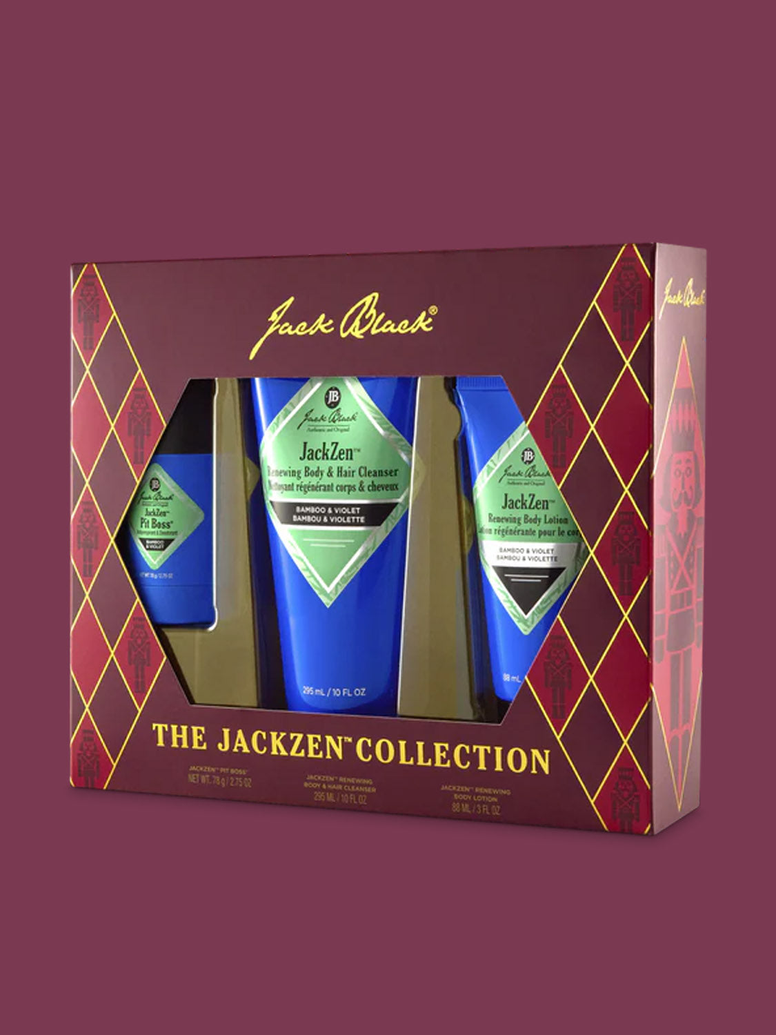 Gift set packaging for The JackZen™ Collection by Jack Black, showcasing three blue bottles (including body lotion and antiperspirant deodorant) on a maroon box with gold diamond patterns and Jack Black branding.