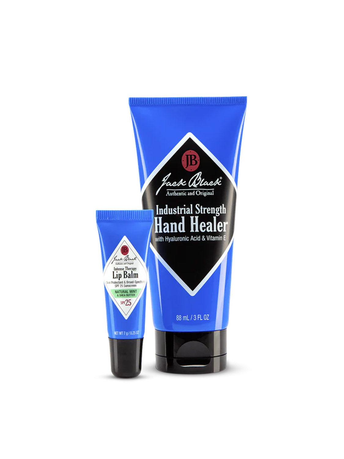 Two blue Jack Black products, The Moisturizing Match™, stand upright on a white background, showcasing their hydrating benefits.