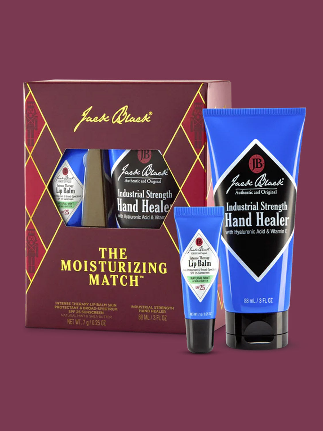 Jack Black’s The Moisturizing Match™ gift set includes Industrial Strength Hand Healer and Intense Therapy Lip Balm, all showcased on a vibrant purple background.