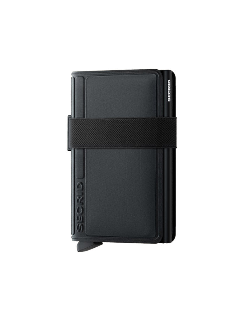 The Secrid Bandwallet TPU by Secrid is a slim, black wallet featuring a textured elastic band and the embossed Secrid logo—an innovative design that offers both style and functionality.
