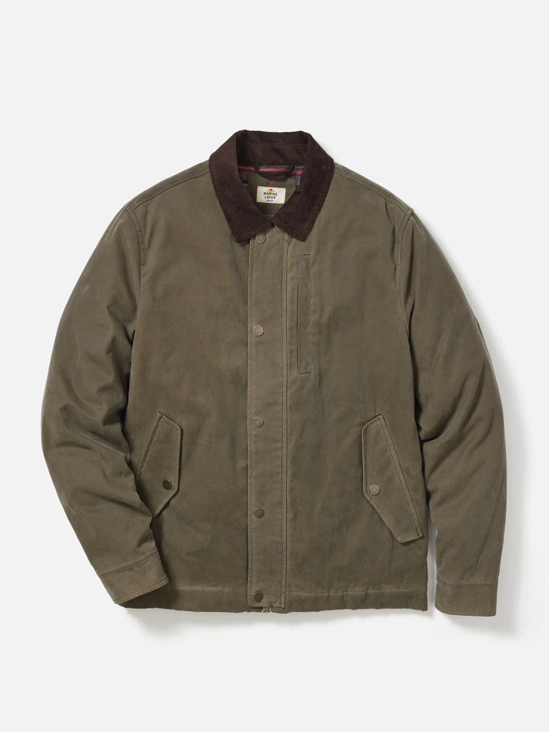 The Marine Layer Weston Wax Canvas Barn Jacket in olive green features a dark brown corduroy collar, button and snap front, two angled side pockets with flaps, a vertical chest pocket, and water-resistant waxed canvas, shown flat on a white background.