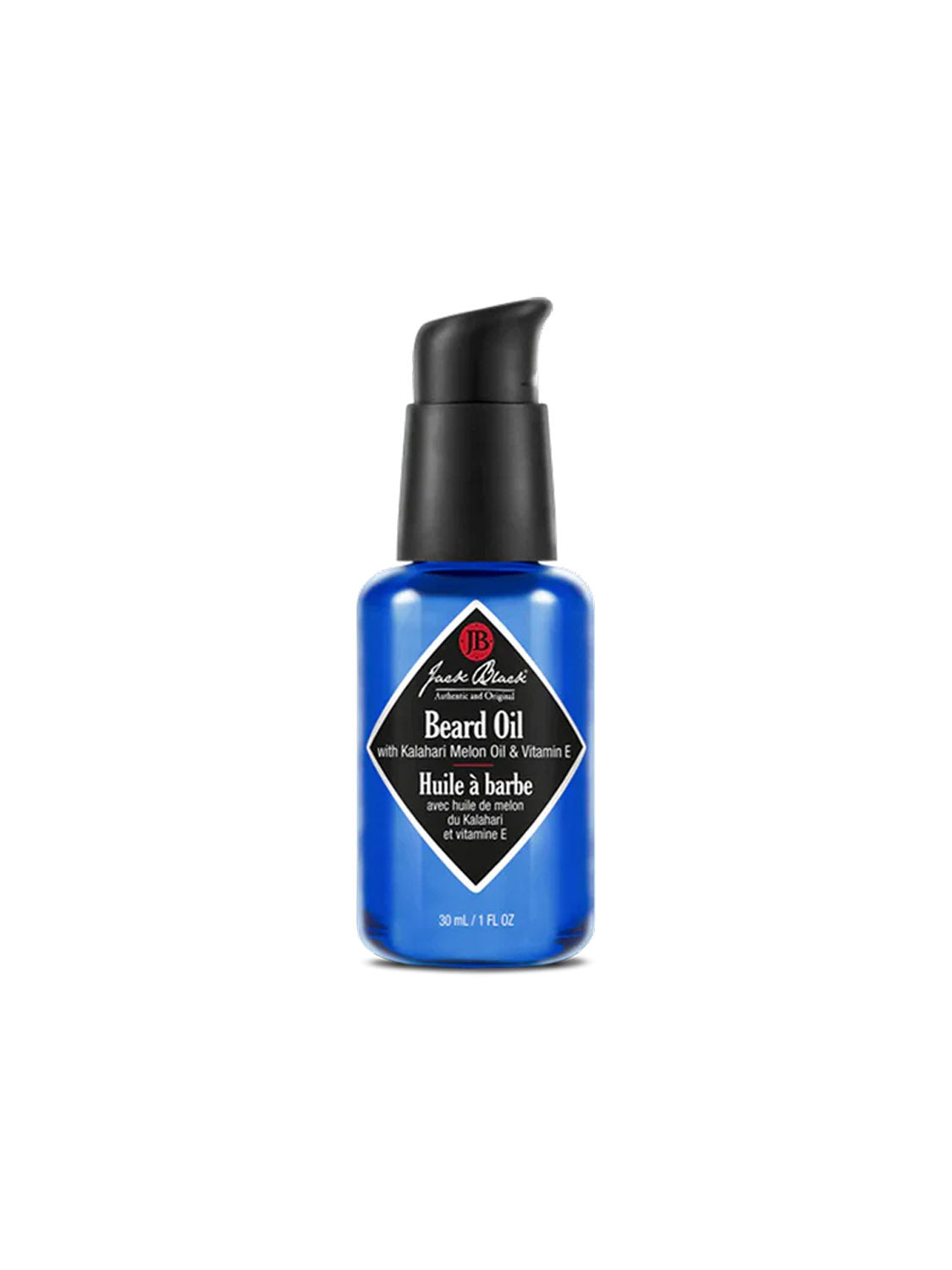 A 30 mL (1 fl oz) blue bottle of Jack Black Beard Oil with a black pump, formulated with natural oils like Kalahari Melon Oil and Vitamin E as a beard conditioner.