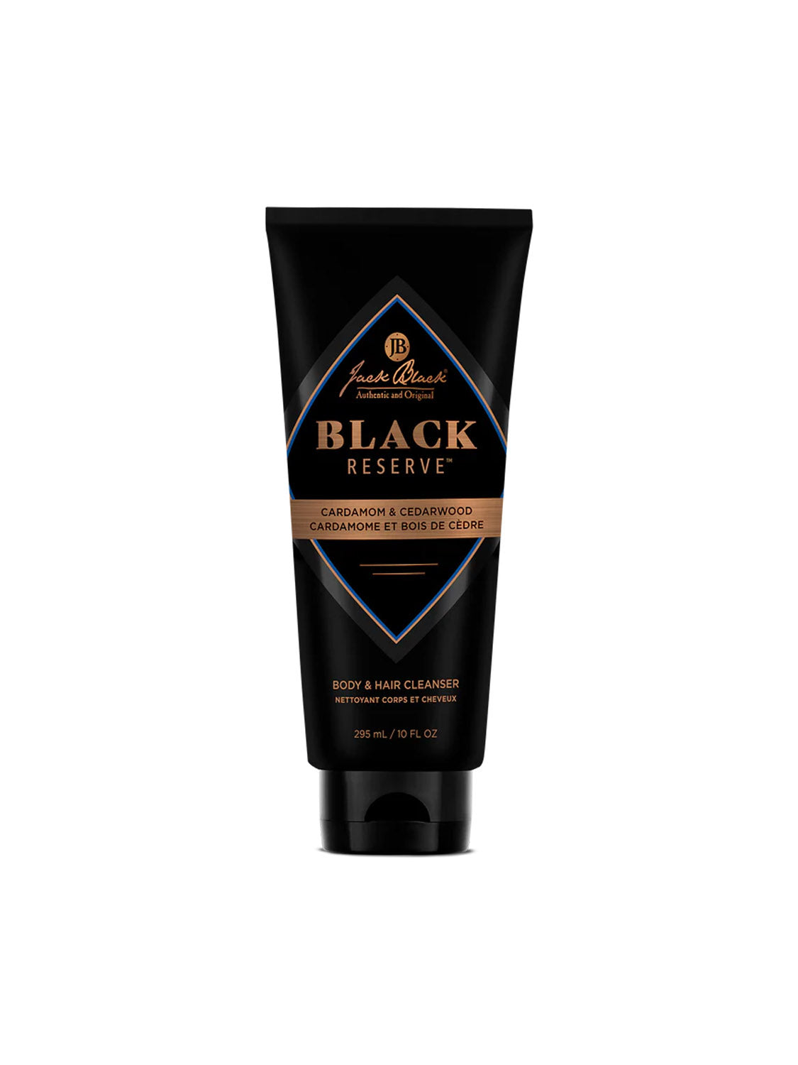 A 295 mL (10 fl oz) black tube of Jack Black Black Reserve™ Body & Hair Cleanser, sulfate-free with gold and brown label accents, features cardamom and cedarwood.