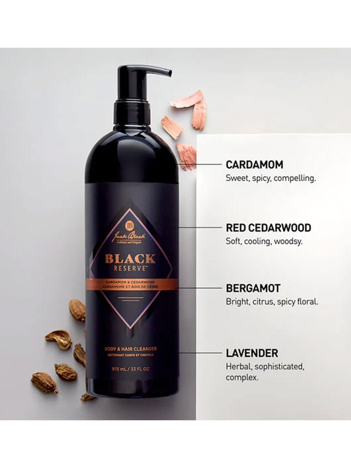 Jack Black Black Reserve™ Body & Hair Cleanser 10oz is shown with four scent notes: sweet, spicy cardamom; soft, woodsy red cedarwood; bright, citrusy bergamot; and herbal, sophisticated lavender.