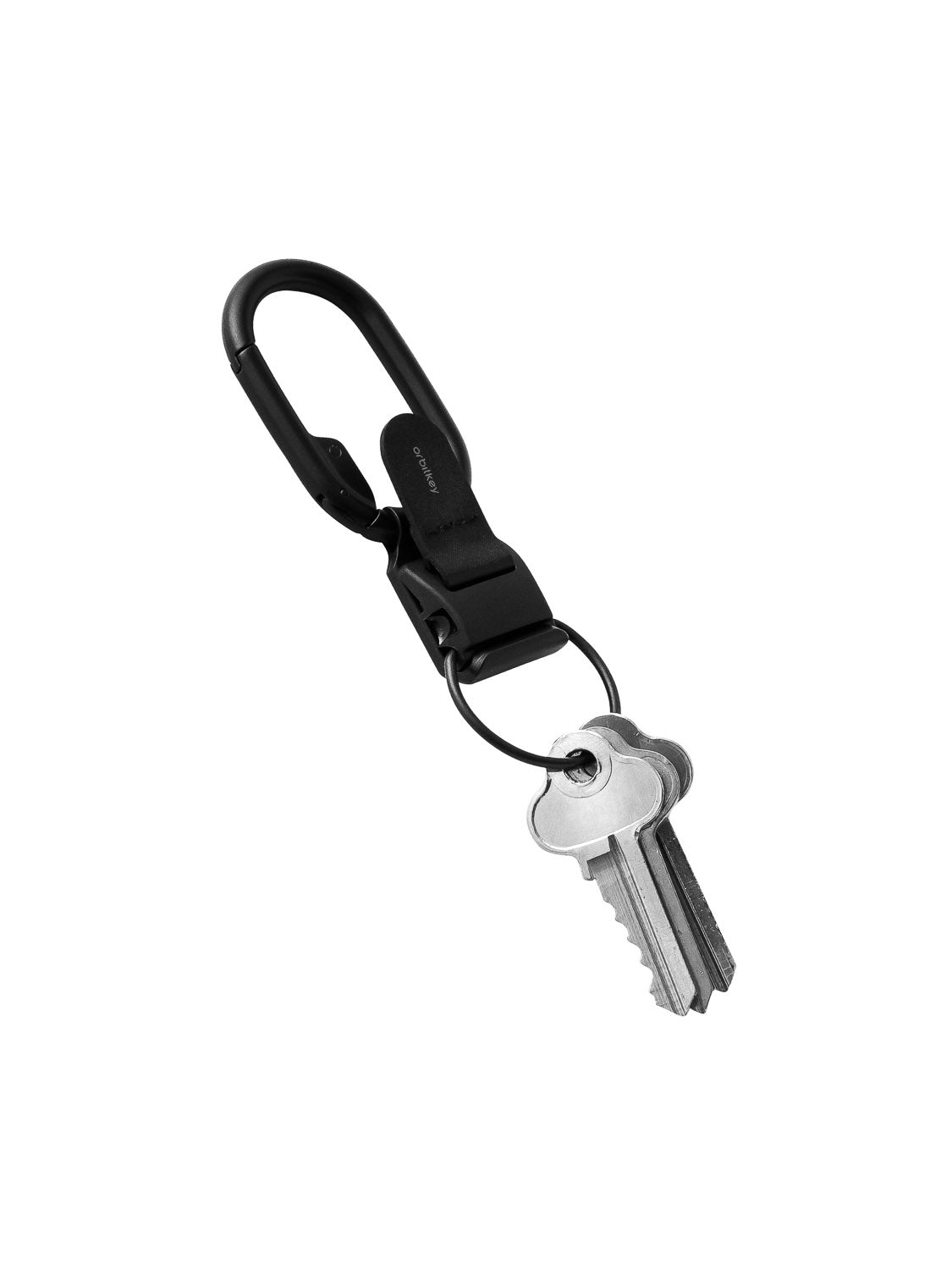 The Orbitkeys Clip V2 Keyring is a black carabiner keychain with a magnetic quick release, holding two silver keys on a metal keyring against a white background.