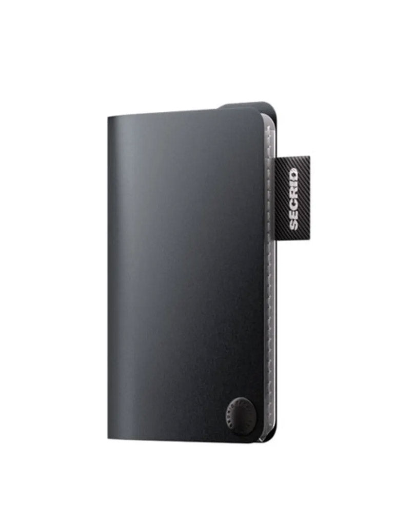 The Secrid Coin Pocket is a sleek, black minimalist wallet with a metal button at the bottom, a discreet coin holder, and a side tab labeled SECRID.