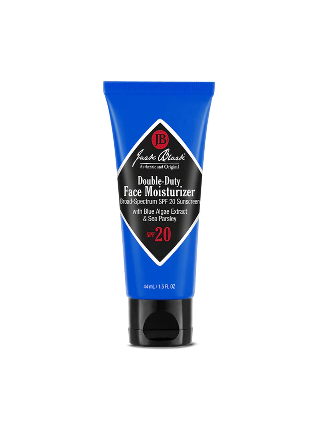 A 44 mL (1.5 fl oz) blue tube of Jack Black Double Duty Face Moisturizer SPF 20 offers broad-spectrum sun protection and includes blue algae extract and sea parsley for nourishing your skin.