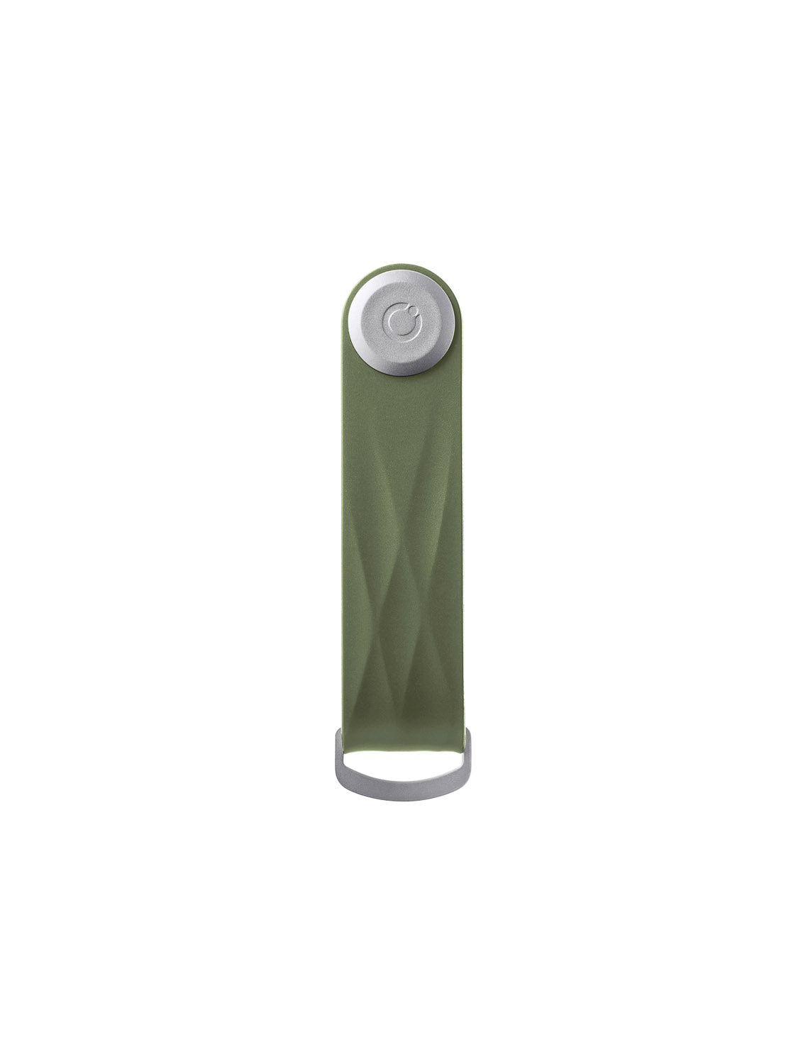 The Orbitkeys Key Organizer Rubber Active is a green, slim, rectangular key holder with a textured surface, rounded top, and circular metal button. It has a durable design and an open metal loop at the bottom for attaching keys. Plain white background.