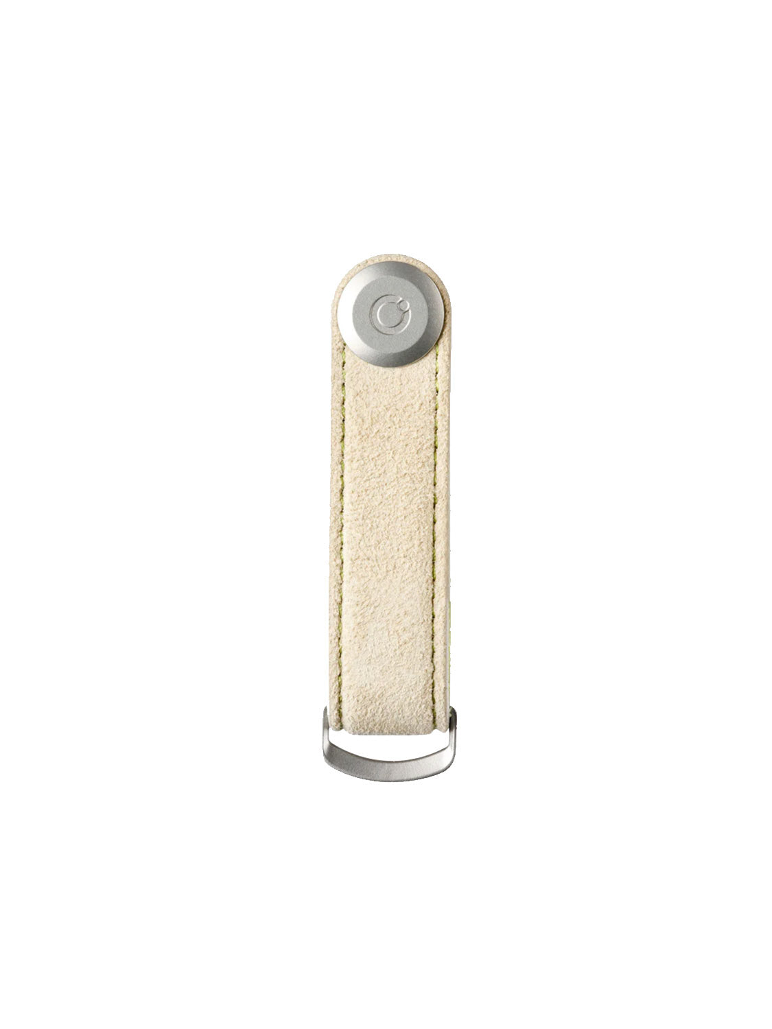 The Orbitkeys Star Wars Grogu Key Organizer is a beige suede key holder featuring a round metallic button at the top and a silver metal loop at the bottom, displayed against a white background.