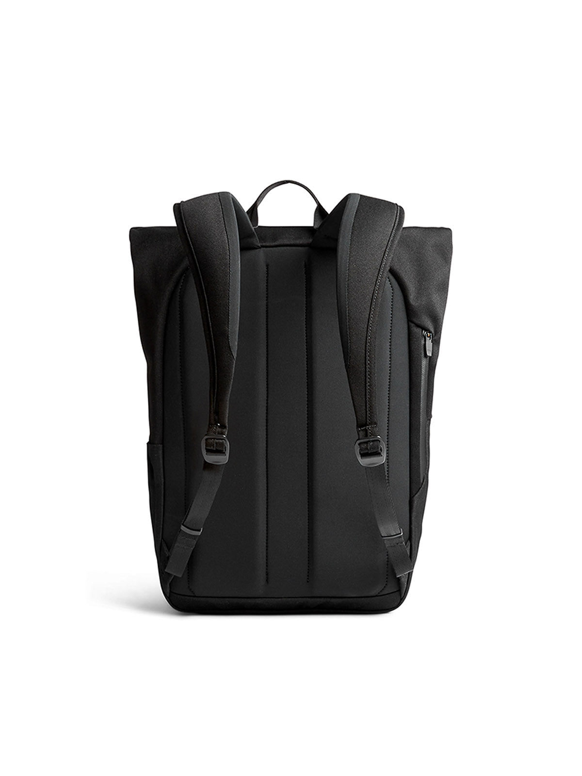 The Bellroy Melbourne Backpack Compact 13L is shown from the back, highlighting two padded adjustable straps, a small top handle, and a right-side vertical zip pocket. The background is plain white.