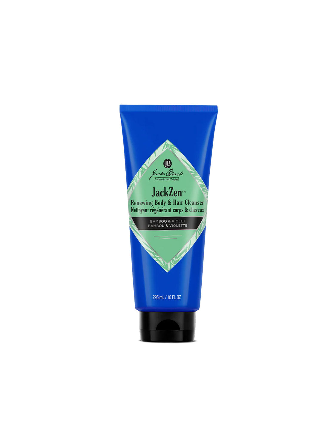 A blue tube of Jack Black JackZen™ Renewing Body & Hair Cleanser with a green and white label stands upright on a white surface. This 295 mL (10 fl oz) body and hair wash provides a restorative shower experience.
