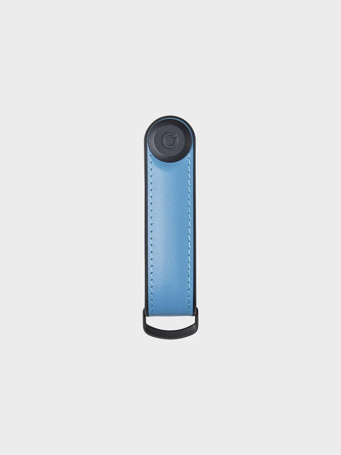 The Orbitkeys Key Organizer Hybrid Leather in blue Nappa leather features black edges and stitching, a circular button at the top, and a secure locking mechanism on the metal loop, displayed against a plain light background.