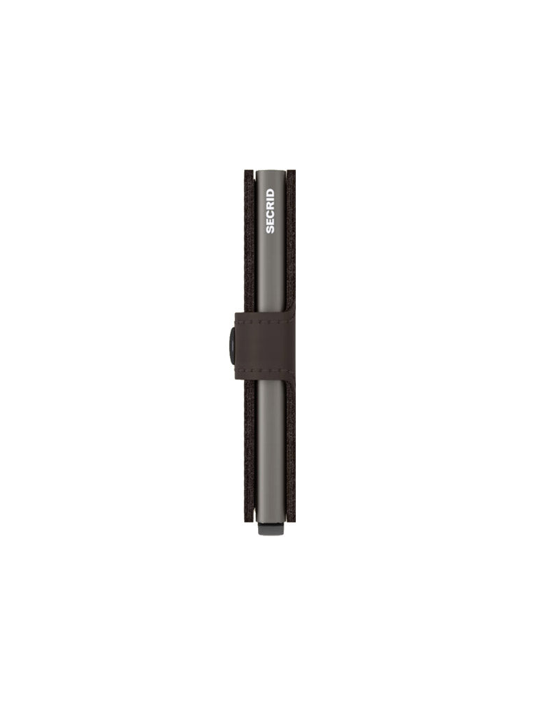 A black or dark brown pen marked “Secrid” stands vertically in a Secrid Miniwallet Matte Finish Leather holder, viewed from above on a white background.