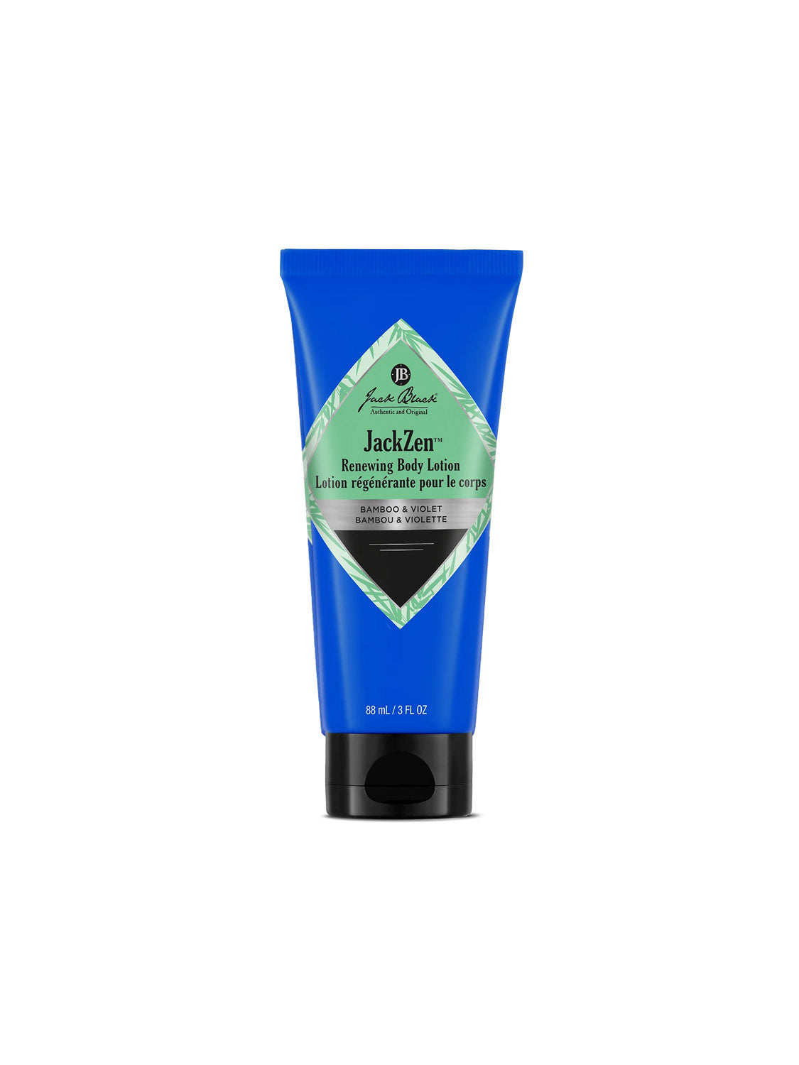 An 88 mL (3 fl oz) blue tube of JackZen™ Renewing Body Lotion by Jack Black, a hydrating lotion scented with bamboo and violet. It features a green and white label and a black flip-top cap for convenient use.