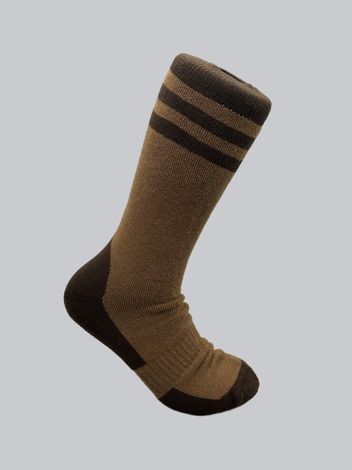 The Rockies Merino Wool Socks by ID Menswear have dark brown accents at the toe, heel, and two stripes near the top. Displayed on a light gray background, these socks feature a knit texture and ribbed cuff for warmth and durability.