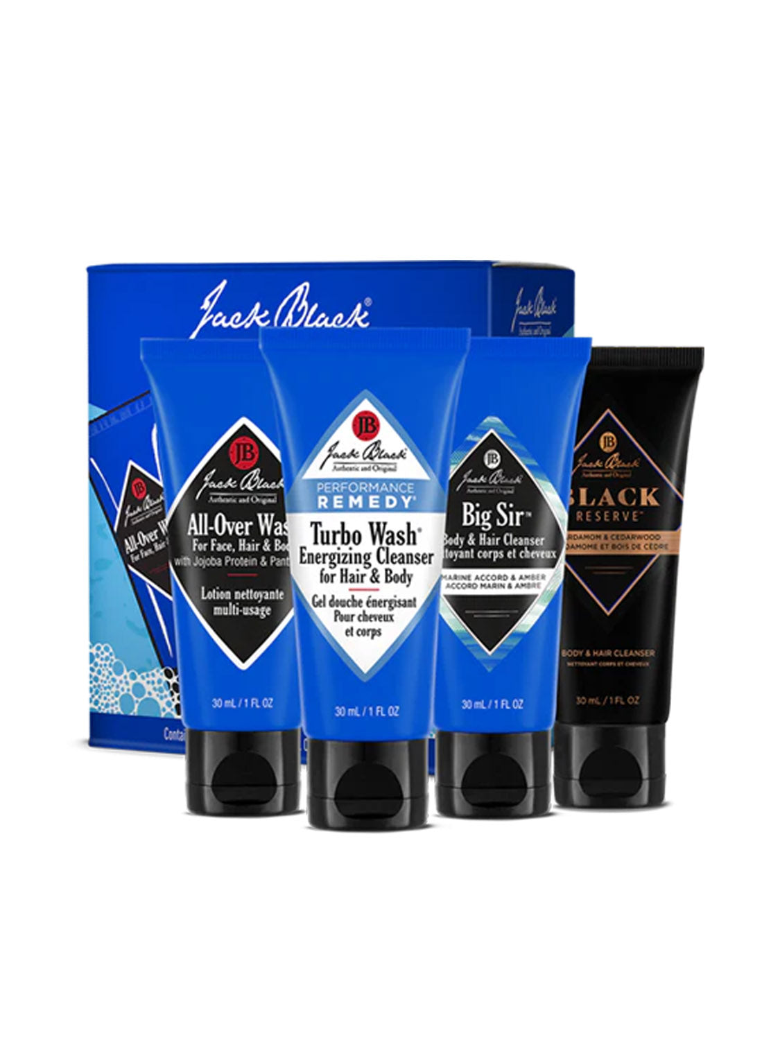 The Jack Black Scents of Discovery Body Wash Set features four blue and black tubes—All-Over Wash, Turbo Wash, Big Sir, and Black Reserve—arranged in front of a matching blue gift box.