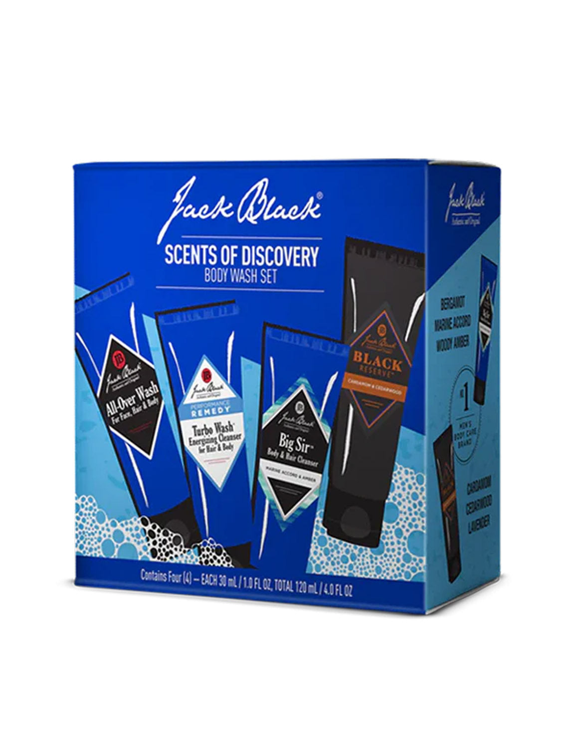 A blue box labeled "Jack Black Scents of Discovery Body Wash Set" displays four moisturizing body wash tubes and showcases key scents, sulfate-free cleansing, and product details on the packaging.