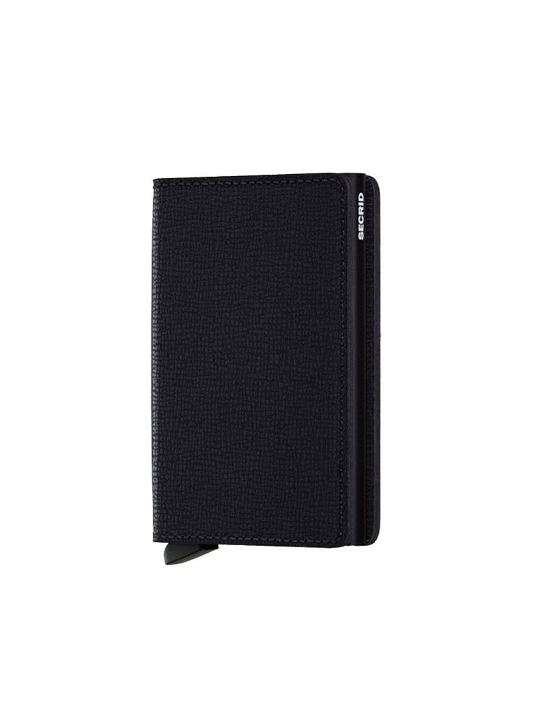 The Secrid Slimwallet Crisple is a black textured RFID wallet with a small tab and a vertical side stripe, showcasing the Secrid brand name in white near the top right corner.