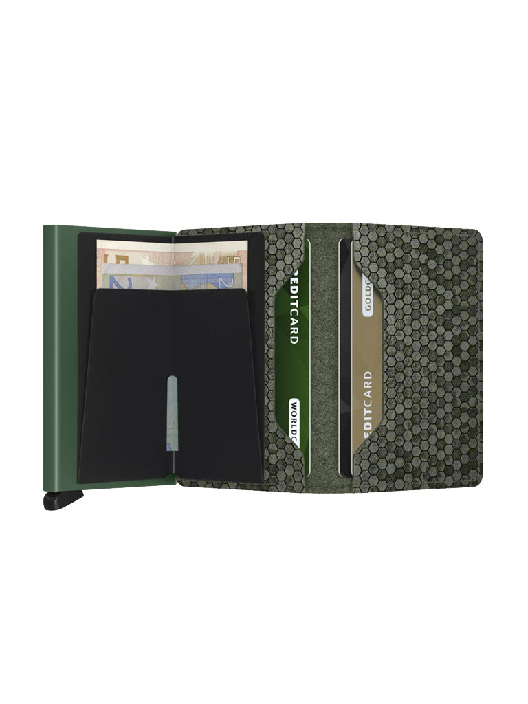 The Secrid Slimwallet Hexagon in green leather features a modern, minimalist design with built-in RFID protection. It reveals euro banknotes, two credit cards in textured holders on the right, and black card slots.