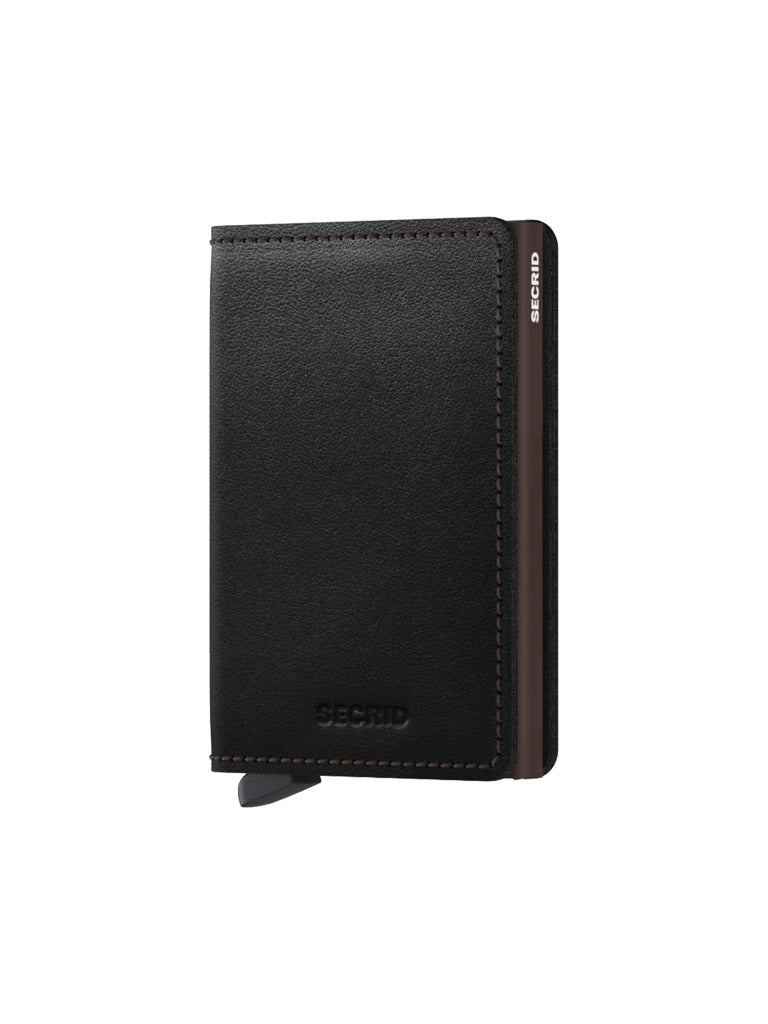 The Secrid Slimwallet Original, made from premium European black leather, features visible stitching, a metal tab at the base, embossed branding, and RFID protection for secure card storage.