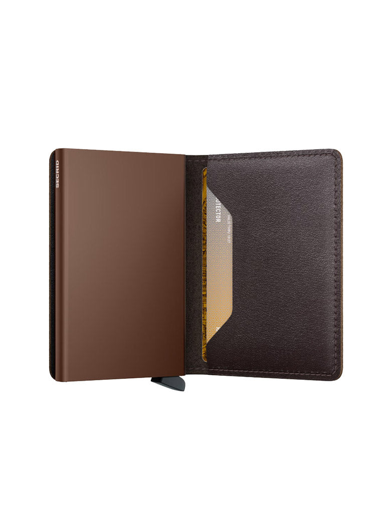 The Secrid Slimwallet Original is an open European brown leather wallet with RFID protection, a card partially visible in a right slot, a metal lever at the bottom, and an empty left side.