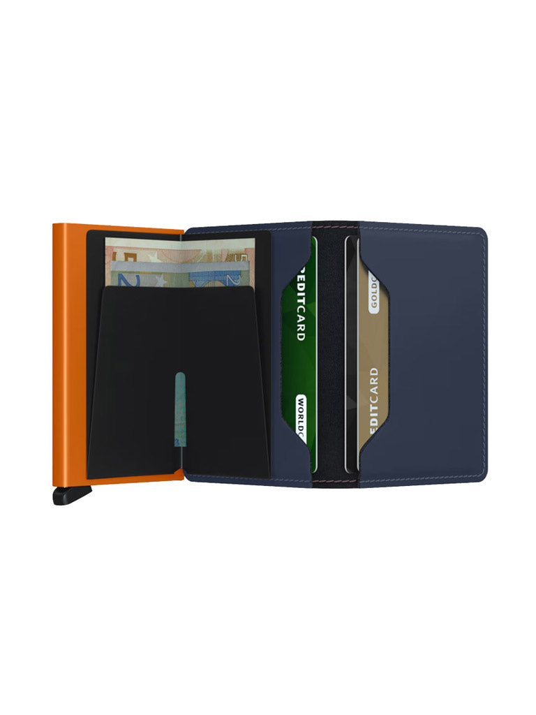 The Secrid Slimwallet Matte Finished Leather features an orange exterior and dark interior, shown open with multiple euro banknotes and credit cards organized in its card slots.