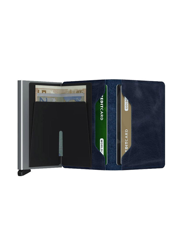 The Secrid Slimwallet Vintage Leather by Secrid is a black leather wallet with an open flap displaying cards and cash inside. It has a left-side metal section for secure card storage and provides RFID/NFC protection.