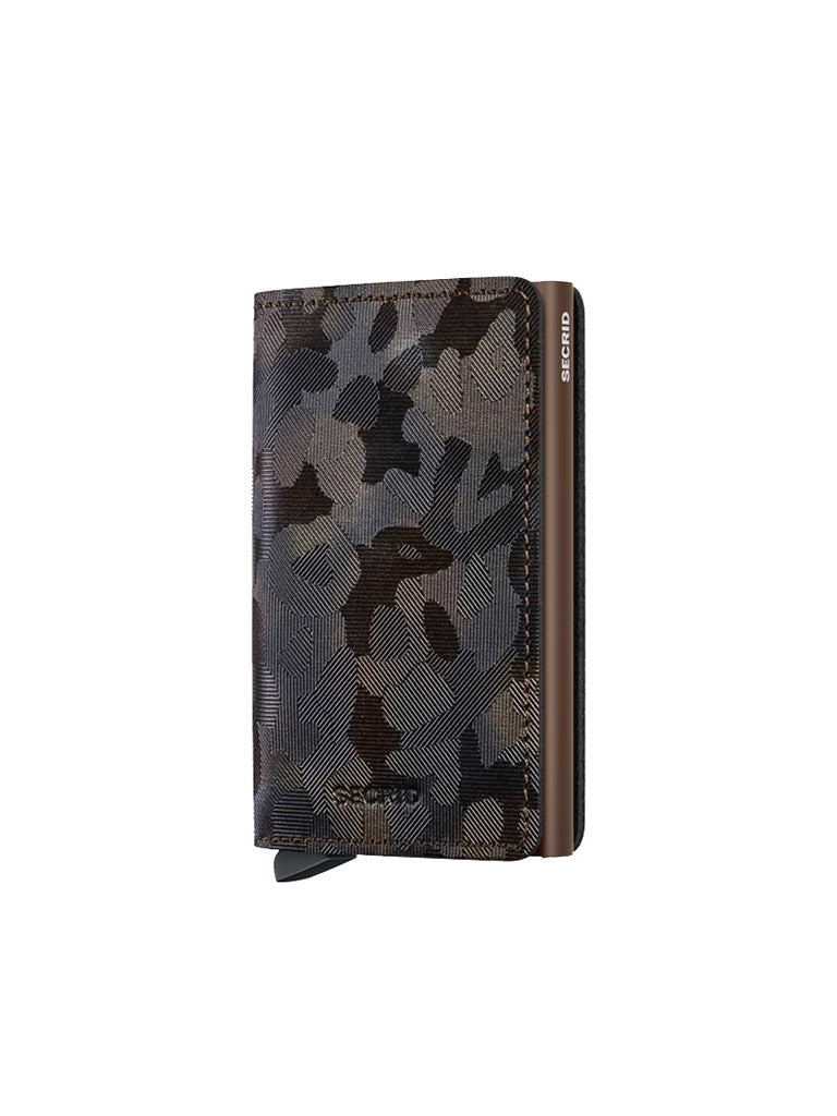 The Secrid Slimwallet Jungle by Secrid is a compact wallet crafted from European leather with a brown, black, and gray abstract camouflage pattern, RFID protection, a metallic side accent, and a black pull tab.